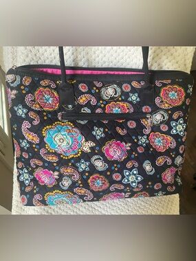 Quilted Floral Tote Bag in Black with Multicolor Print